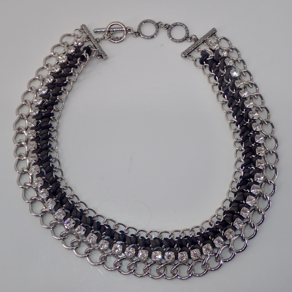 Vtg Black Leather Rhinestone Wide Silver Tone Necklace Bracelet Matching Set - Picture 10 of 12
